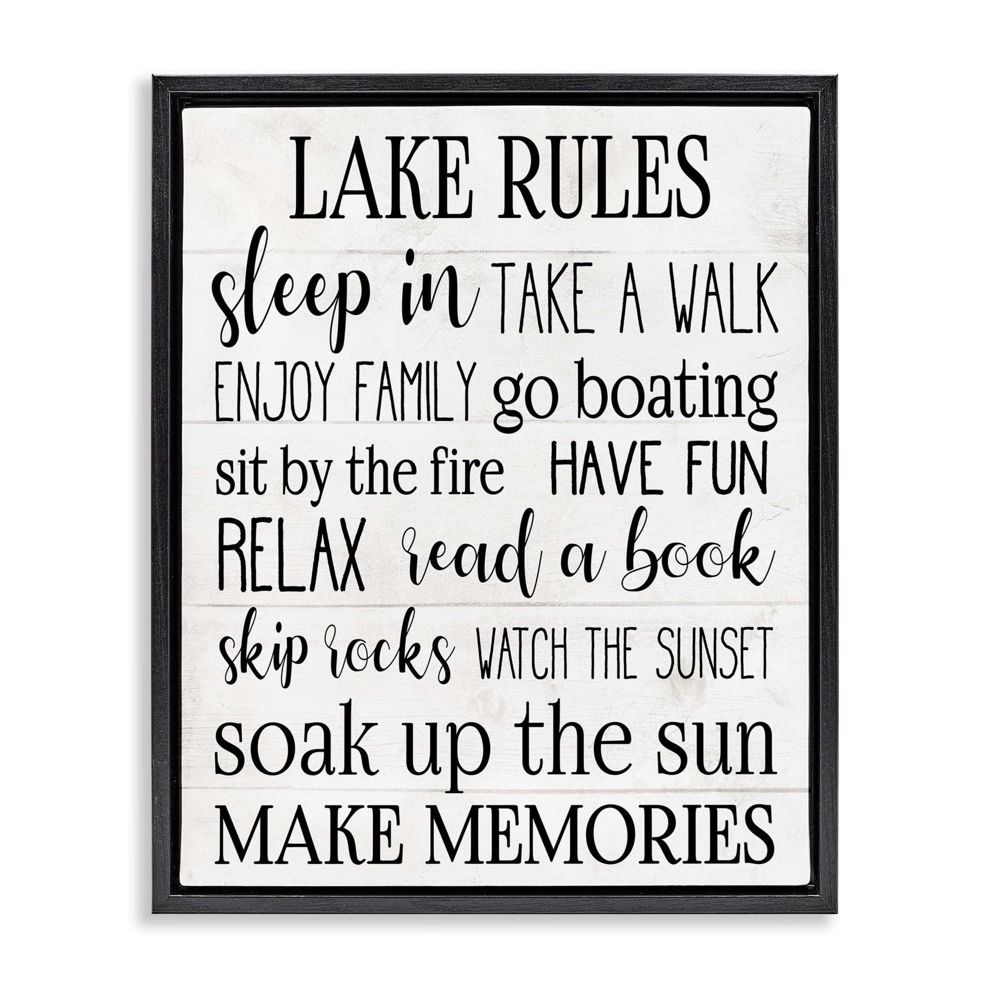 Stupell Industries Motivational Lake Rules Sign Text Styles Black White Jet Black Framed Floating Canvas Wall Art, 24x30, by Daphne Polselli