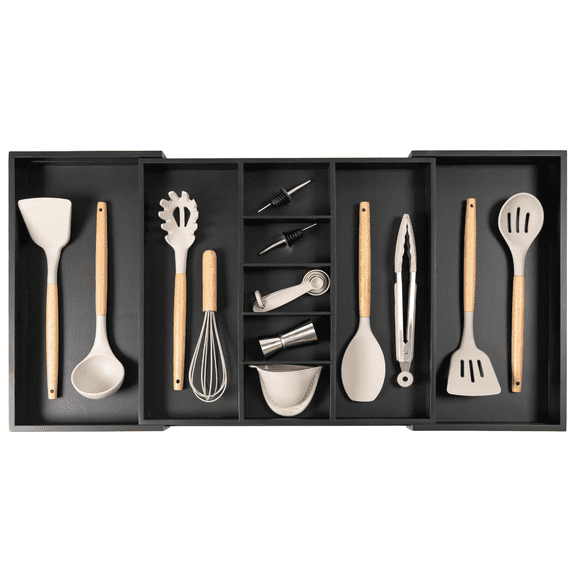 KitchenEdge Adjustable Kitchen Drawer Organizer for Utensils and Junk, Expandable to 19 to 33 Inches Wide, 9 Compartments, Food-Safe Contract Grade Black Finish with 100% Sustainable Bamboo Wood