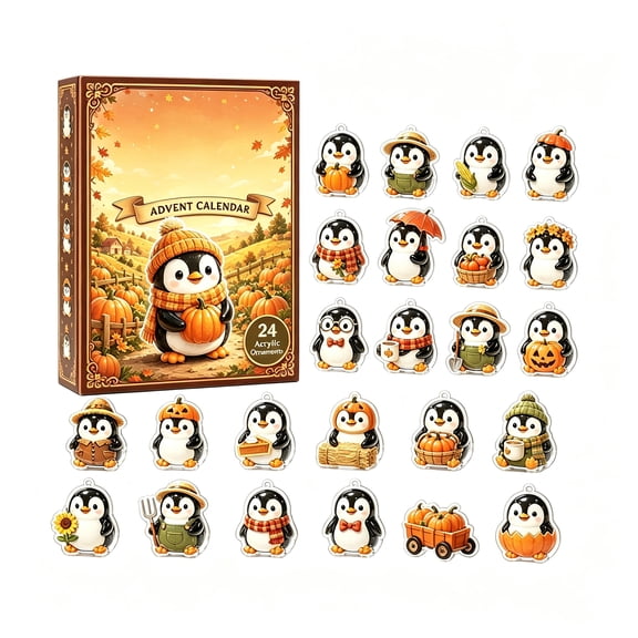 2026 Penguin Advent Calendar, 24 Days Christmas Countdown with Acrylic Ornaments, Pumpkin Hill Theme 2D Hanging Decor, Blind Box Collectible Gifts for Adults Teens