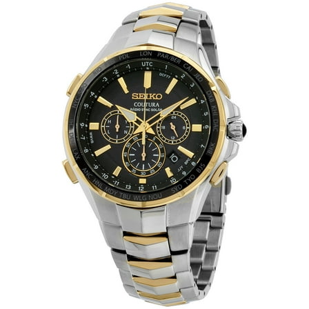 Seiko Men's SSG010 Coutura Radio Sync Solar Black Dial Two Tone Steel Chronograph World time Watch