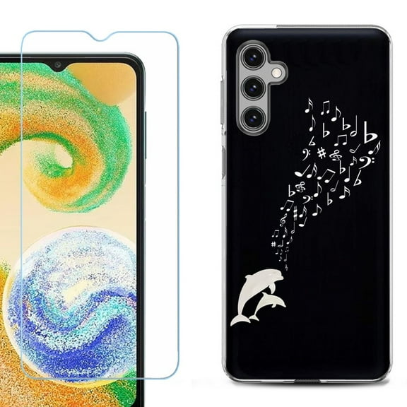 Shockproof Gel Phone Case for Samsung Galaxy A14 5G, with Tempered Glass Screen Protector, by OneToughShield ® - Dolphin Music
