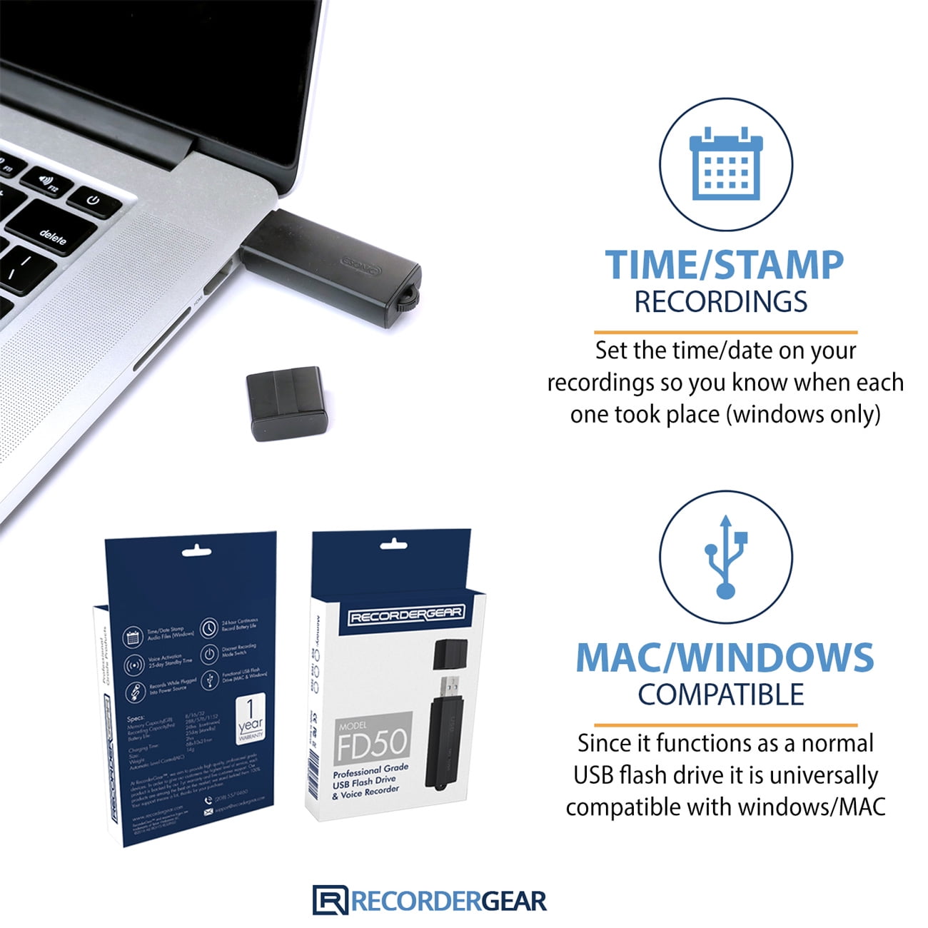 RecorderGear FD50 USB Flash Drive Spy Voice Recorder 8GB, Audio Activated With 25-Day Battery