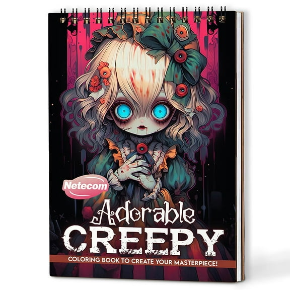 Netecom Adorable Creepy Adult Coloring Book Spiral Bound for Adults, A5 Wooden Cover, 30 Whimsical Macabre Coloring Pages in the Dark for Stress Relief and Relaxation