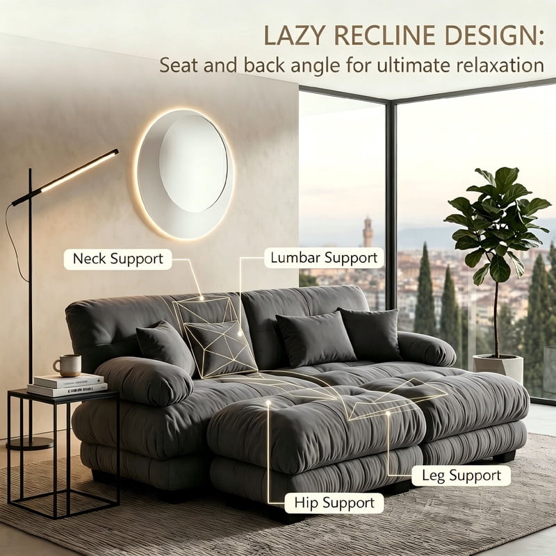 ANPPORT Cloud Couch Sleeper Sofa, Chenille Gray 2-Seater Modular Sofa with 2 Ottomans, 2 Lumbar pillows, 2 Pillows, Comfy Deep Seat Cloud Sofa, Convertible L-Shaped Floor Couch for Living Room