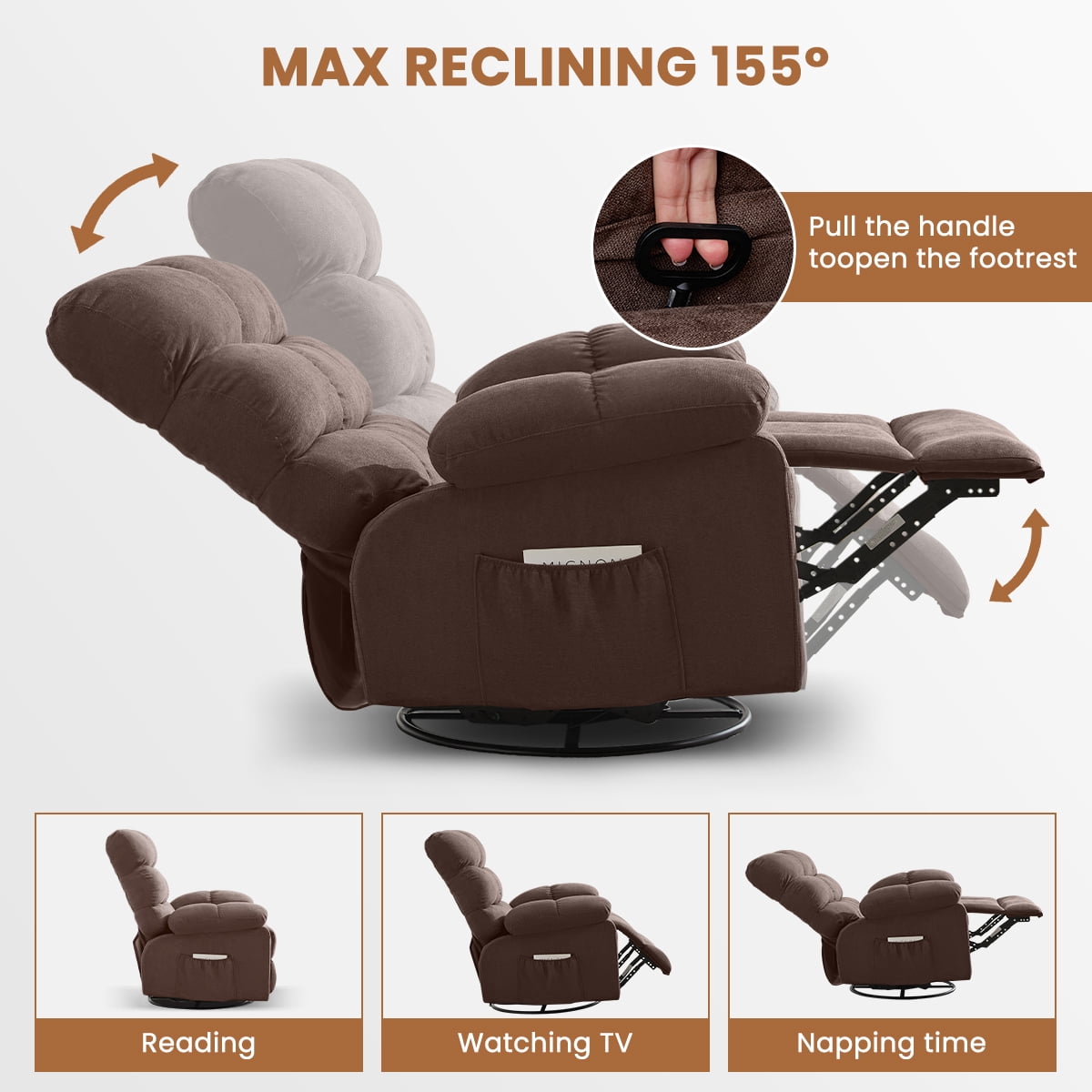 360° Swivel Manual Rocker Recliner Chair with Side and Front Pockets