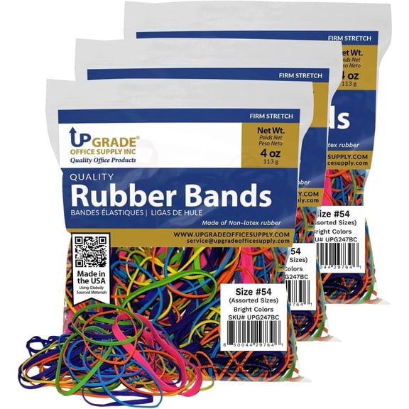 Upgrade Rubber Bands, Assorted Sizes & Bright Colors, Non-Latex, 1/4 lb Bags, 3-Pack, USA