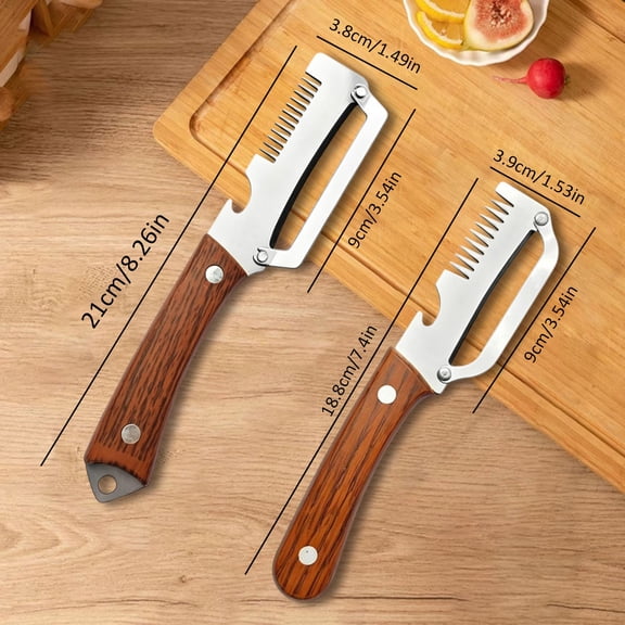 3-in-1 Vegetable Peeler with Wooden Handle, Stainless Steel Potato & Carrot Peeler, Multi-Function Fruit Peeling Knife with Scallion Shredder & Bottle Opener for Kitchen Camping Travel 2PC