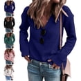 thumbnail image 3 of Suéter de punto Cuello en V Hombro caído Manga larga Color puro Suéter casual para mujer Azul S, 3 of 5