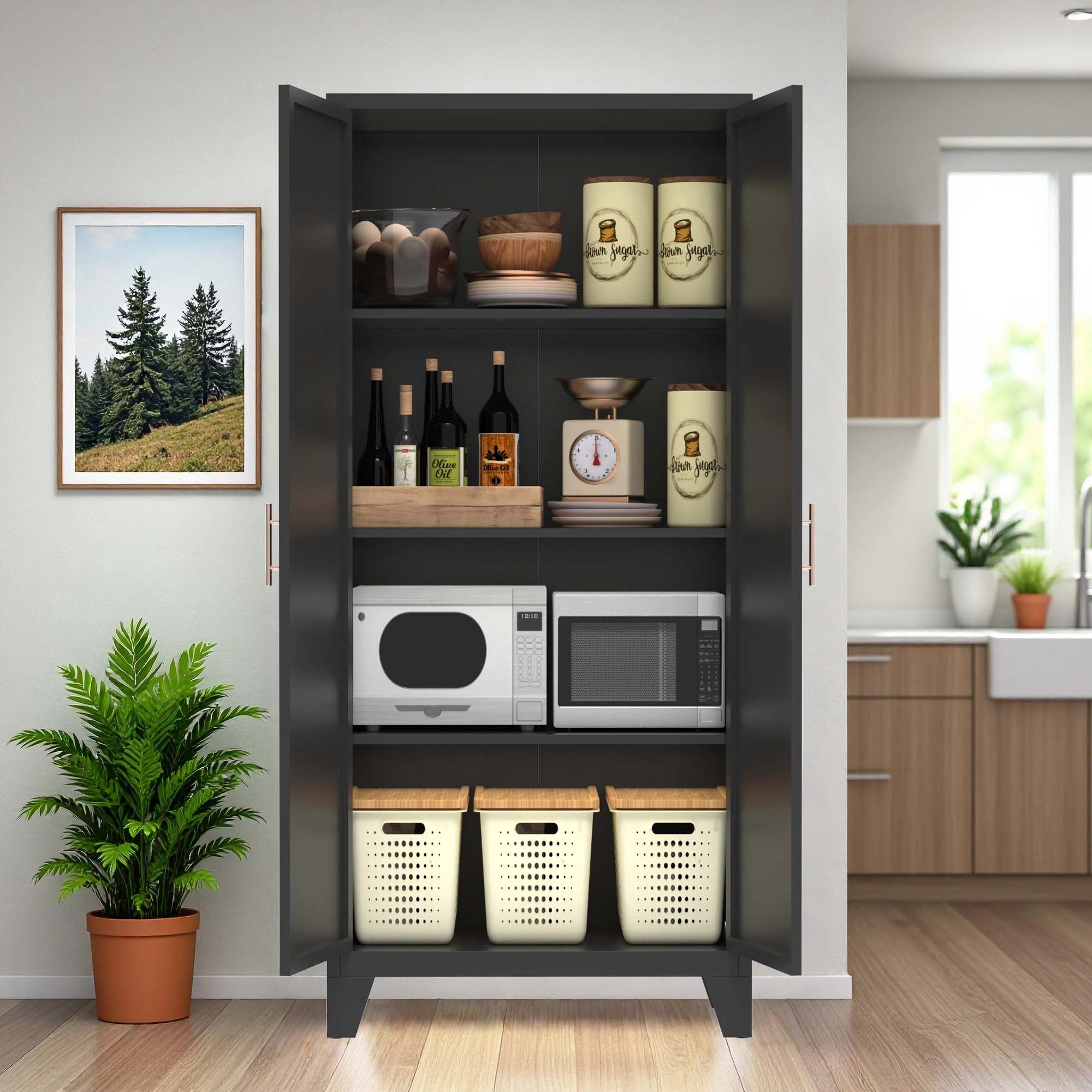 Miniyam 61"H Metal Storage Cabinet with 2 Shaped Doors & Adjustable Shelves – Black, for Bedroom/Living Room