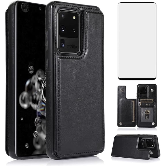 Design for Samsung S20 Ultra S20ultra 5G Leather Wallet Case with Tempered Glass Screen Protector Credit Card Holder Slot Stand Flip Leather Protective Cover for Galaxy 20S S 20 A20 20ultra Men Black