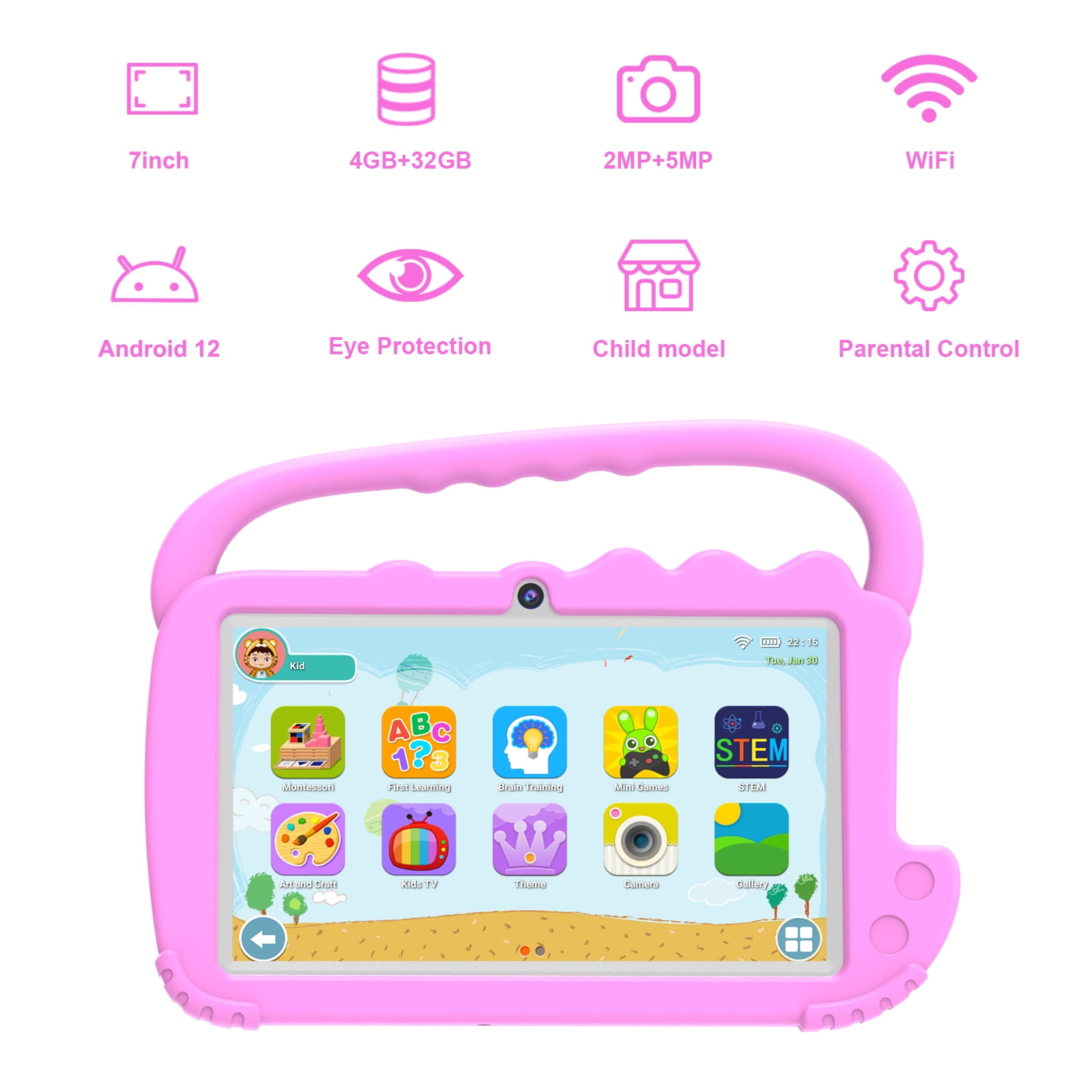 Kids Tablet, Toddler Tablet, 7" Tableta for Boys Girls, 32GB Android Tablet, 4GB RAM WiFi Dual Camera Safety Eye Protection Screen, Parental Control APP, Latest Model Kid Tablets. Pink