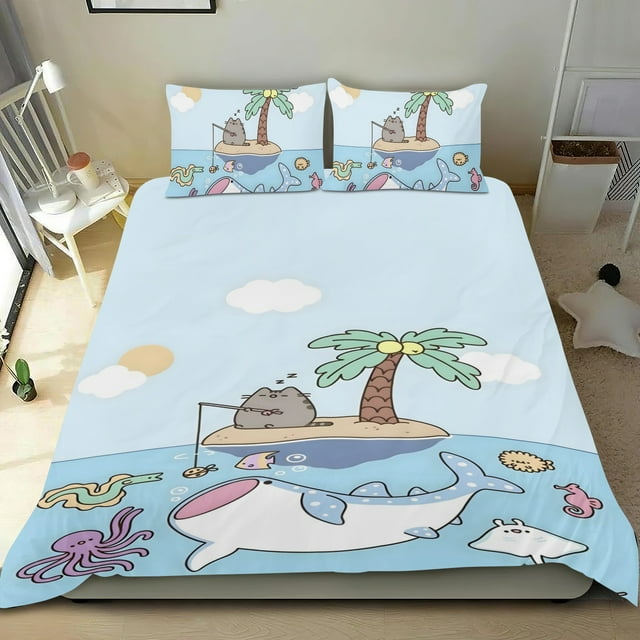 Pusheen el Gato Conjunto de sábanas temático, trío de piezas, cómodo y amigable con la piel, diseño único, regalo de decoración para el hogar para familiares, amigos y fans,140cm *210cm