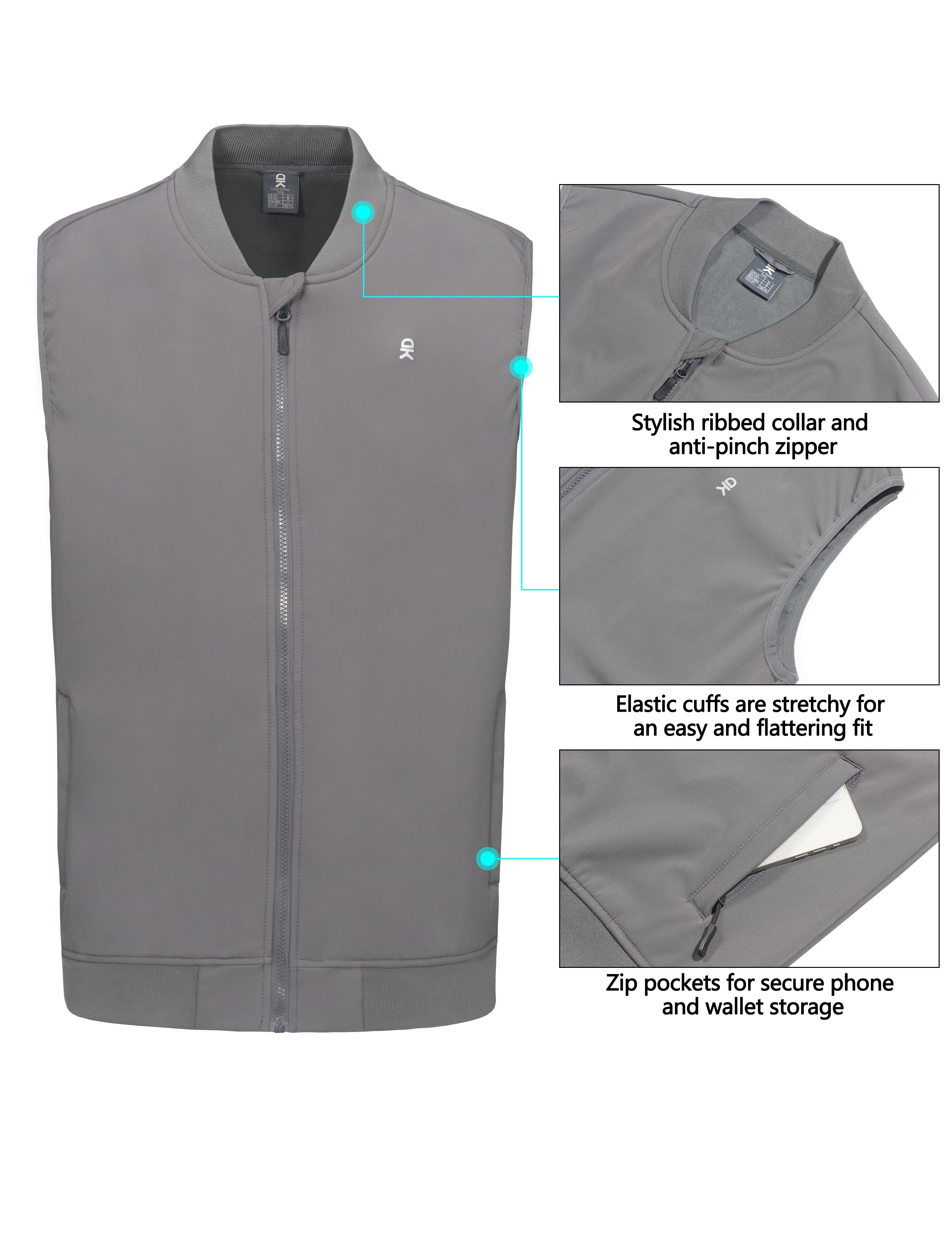 Little Donkey Andy Men’s Lightweight Softshell Vest Golf Outdoor Sleeveless Jacket Waterproof Windproof Winter Warm Fleece Lined Outerwear for Running Hiking Travel Casual Grey S