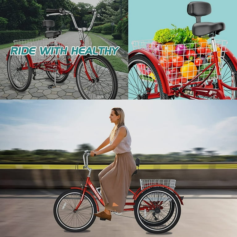 Slsy Adult Tricycle 7 Speed Three Wheel Bikes for Seniors Adults Teenagers 20 24 26 Inch Wheels Cargo Basket Multiple Colors Size 24 Wheels 7