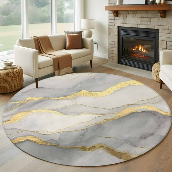Marble Grey Round Rug 5ft Washable Circle Kitchen Rugs Non Slip Modern Gold Luxury Neutral Texture Large Area Rug Indoor Floor Carpet for Bedroom Living Room Home Office Dining Room Nursery