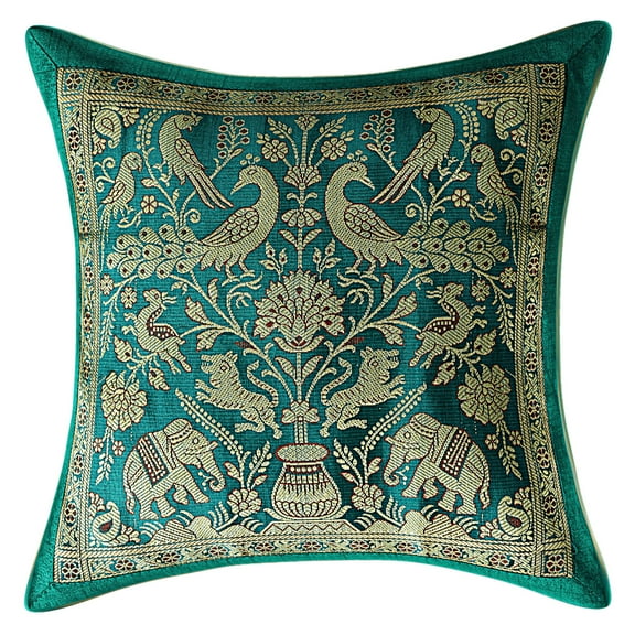 Stylo Culture Indian Chair Seat Throw Pillow Cover 12x12 Jacquard Peacock Emerald Green Square 30x30 cm Home Decor Brocade Elephant Zippered Cushion Cover | 1 Pc