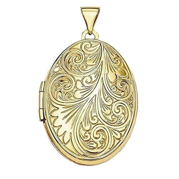 Solid 14k Yellow Engraved Gold Oval Locket - 3/4 Inch X 1 Inch Solid 14K Yellow Gold