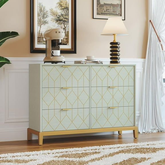 HLR Green Dresser with 6 Drawers,48" Modern Dresser Wide Chest of Drawers with Gold Lines Carved Design, TV Stand, Wood Dressers & Chest of Drawers for Bedroom, Living Room, Hallway