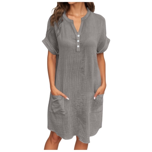 Women's Casual V Neck Dress with Pockets and Buttons Comfortable Everyday Summer Dress,Grey,XL