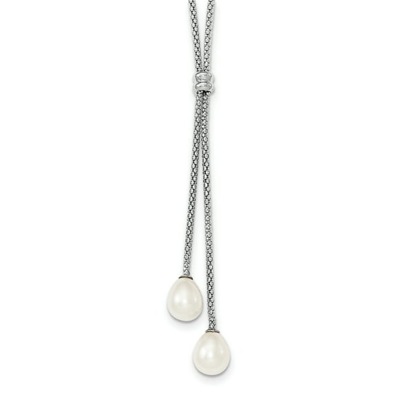Primal Silver Sterling Silver Rhodium-plated Bead and 7-8mm White Freshwater Cultured Pearl Dangle Necklace