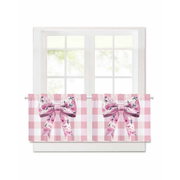 Spring Flowers Bow Short Blackout Curtains 30 Inch Long Sweet Pink White Plaid Rod Pocket Kitchen Curtains, 2 Panels Thermal Insulated Room Darkening Drapes for Bedroom, 42"W x 30"L