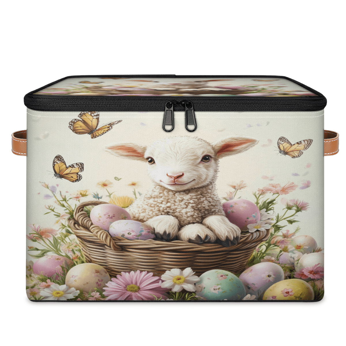 ADECORIVY Cute Lamb Flower Storage Bin with Lid Fabric Easter Foldable Storage Baskets Boxes for Clothes Shelves Closet Organizer Containers with Leather Handles for Wardrobe