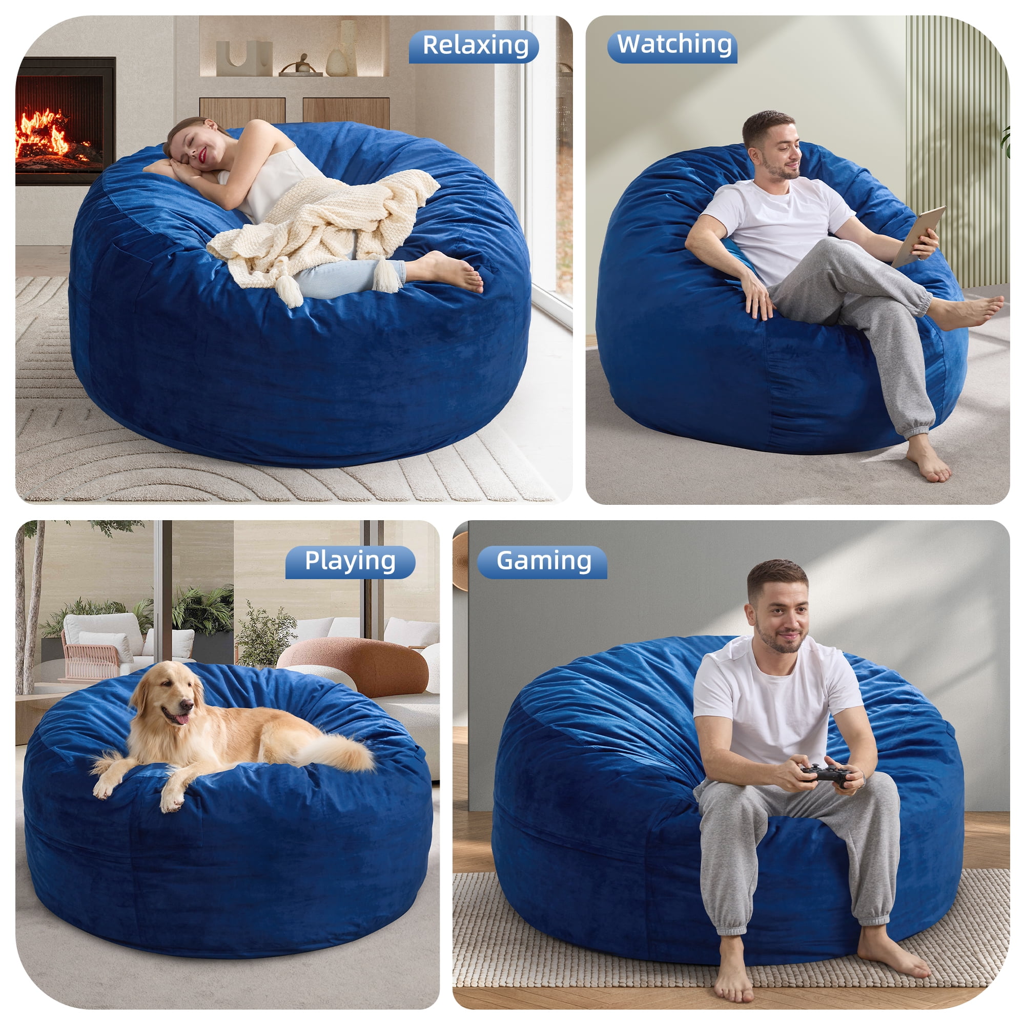 5FT Bean Bag Chair Bean Bag Chairs for Adults Giant Bean Chairs with Velvet Cover, Memory Foam BeanBag Chair Large Bean Bag Chairs for Adults for Living Room, Bedroom - Blue (50" x 50" x 24")