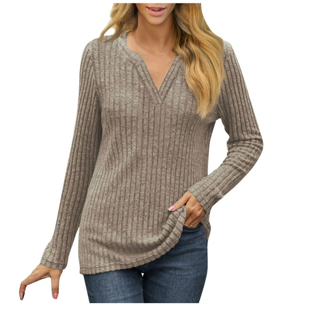 tarylea V Neck Tops for Women Trendy Fall Ribbed Tunic Long Sleeve Solid Color Pullover Casual Loose Tops