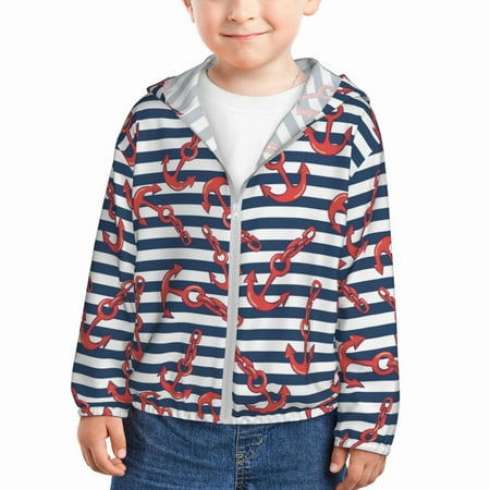 

Sun Hoodie for Kids vintage red anchor blue stripe Long Sleeve Swim Fishing Shirts Sun Protection Zip Up Jacket Clothing Athletic Hoodie