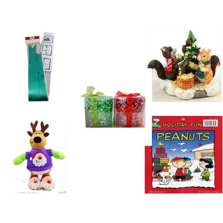 Christmas Fun Gift Bundle [5 Piece] - Myco's Best Pull Bows Set of 10 - Forest Friends Gingerbread Tree Resin Figurine -  Green & Red Tealight Holders Set - Santa Reindeer  With Gift Card Holder 