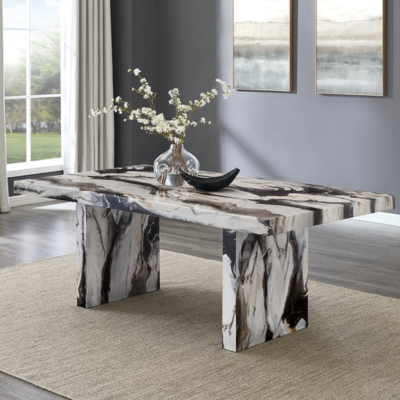 Roundhill Furniture Cavira Modern Faux Marble Dining Table with Double Pedestal Base