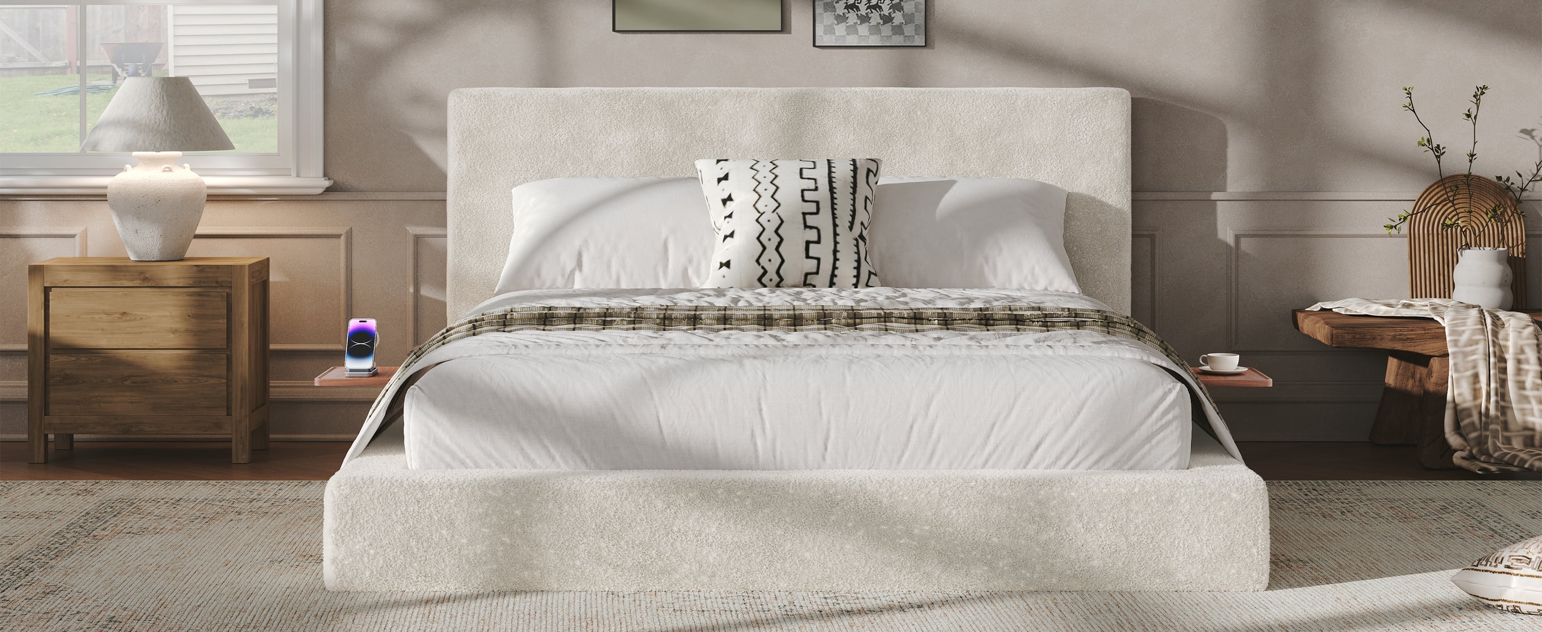 Queen Size Cloud Bed Frame with Headboard Shelves and Low-Profile Design
