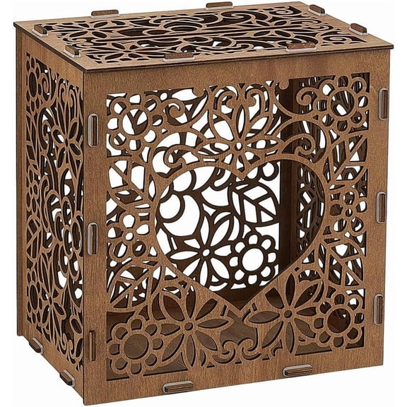 Wooden Wedding Card Box 9.8x7x9.8 Inch Wooden Card Storage Box with Slot Hollow Gift Card Box for Wedding Reception Graduation Birthday Party diy