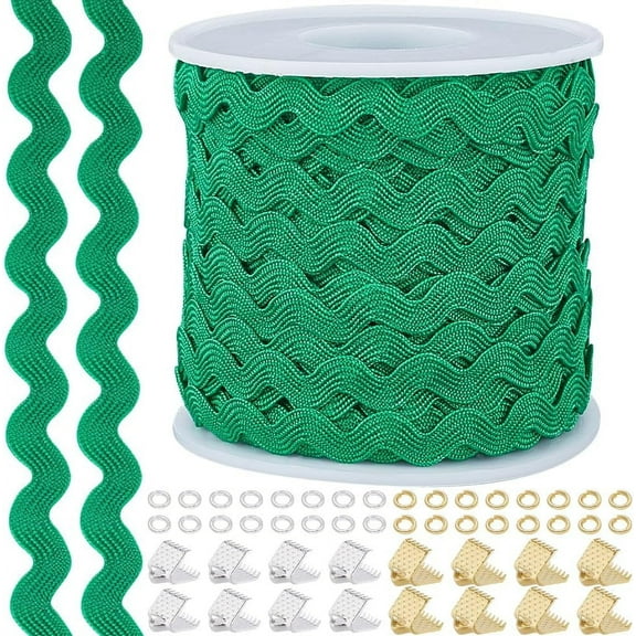 27 Yards Green Rick Rack Ribbon 1/4 inch~3/8 inch Wave Sewing Bending Fringe Trim with 32Pcs 2 Colors Iron Ribbon Crimp Ends and 64Pcs 2 Colors Jump Rings for DIY Sewing Crafts Clothes