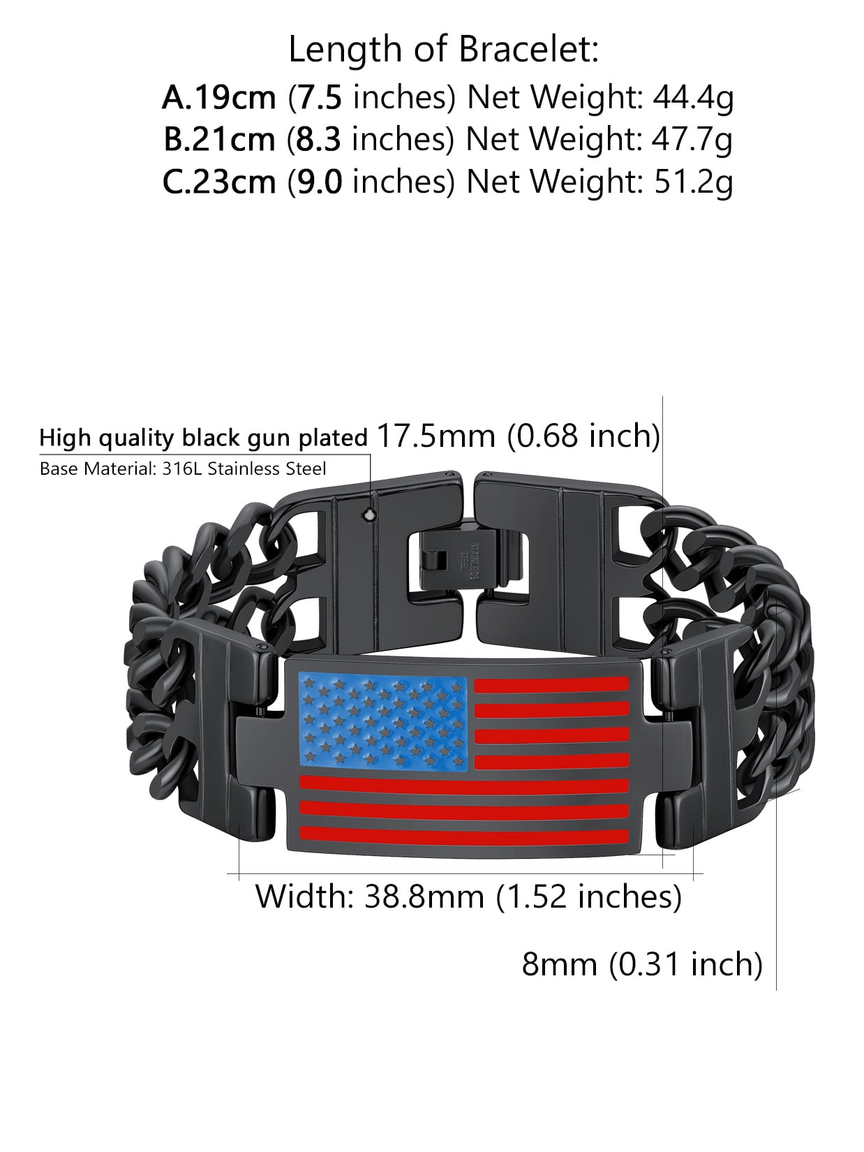 ChainsProMax Men Cuban Link Chain Bracelet, American Flag Bracelet, Stainless Steel Black Plated