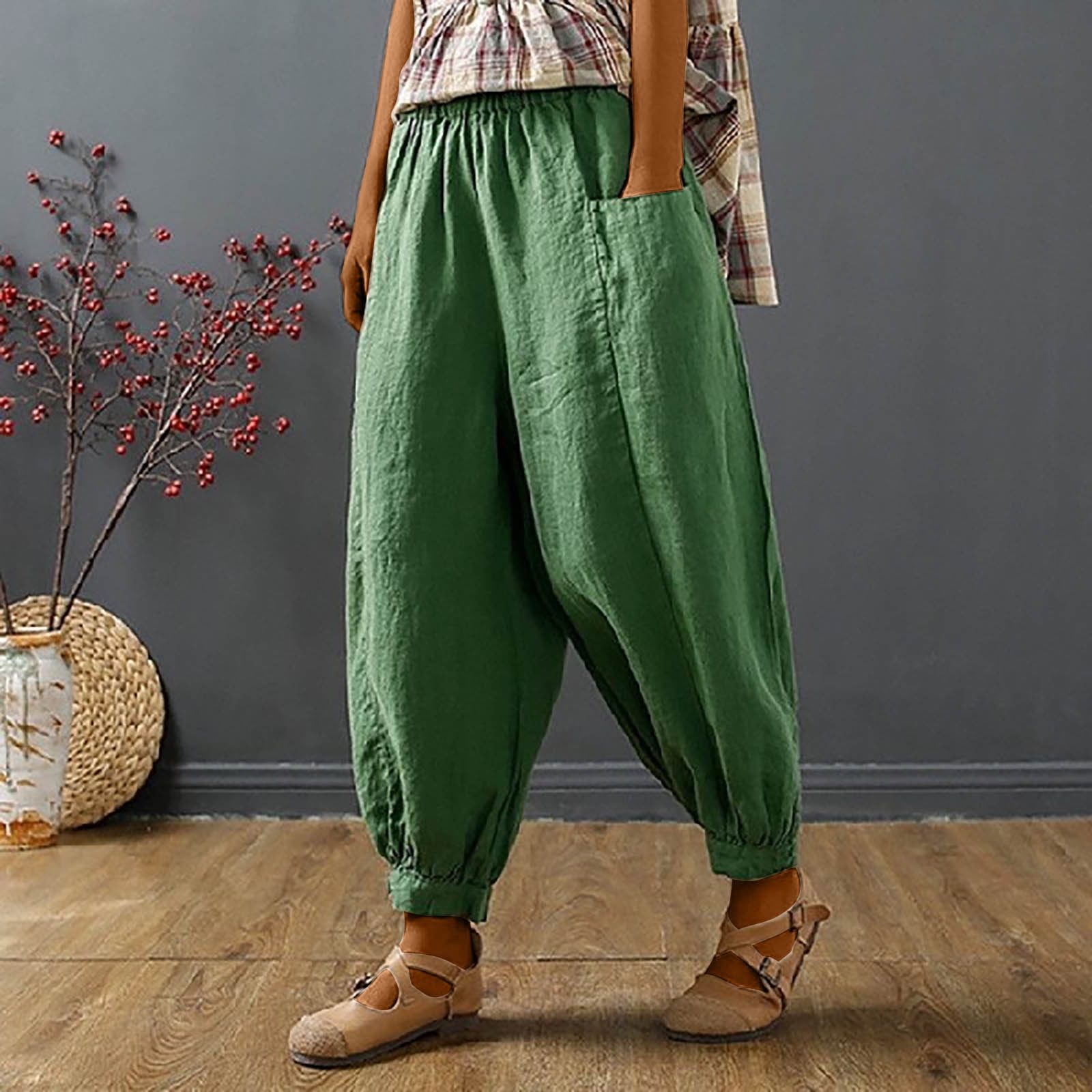 HCJKDU Wide Leg Pants for Women Elastic Waist Drawstring Cotton Linen  Cropped Pants with Pockets Casual Straight Leg Pants Army Green :  : Clothing, Shoes & Accessories