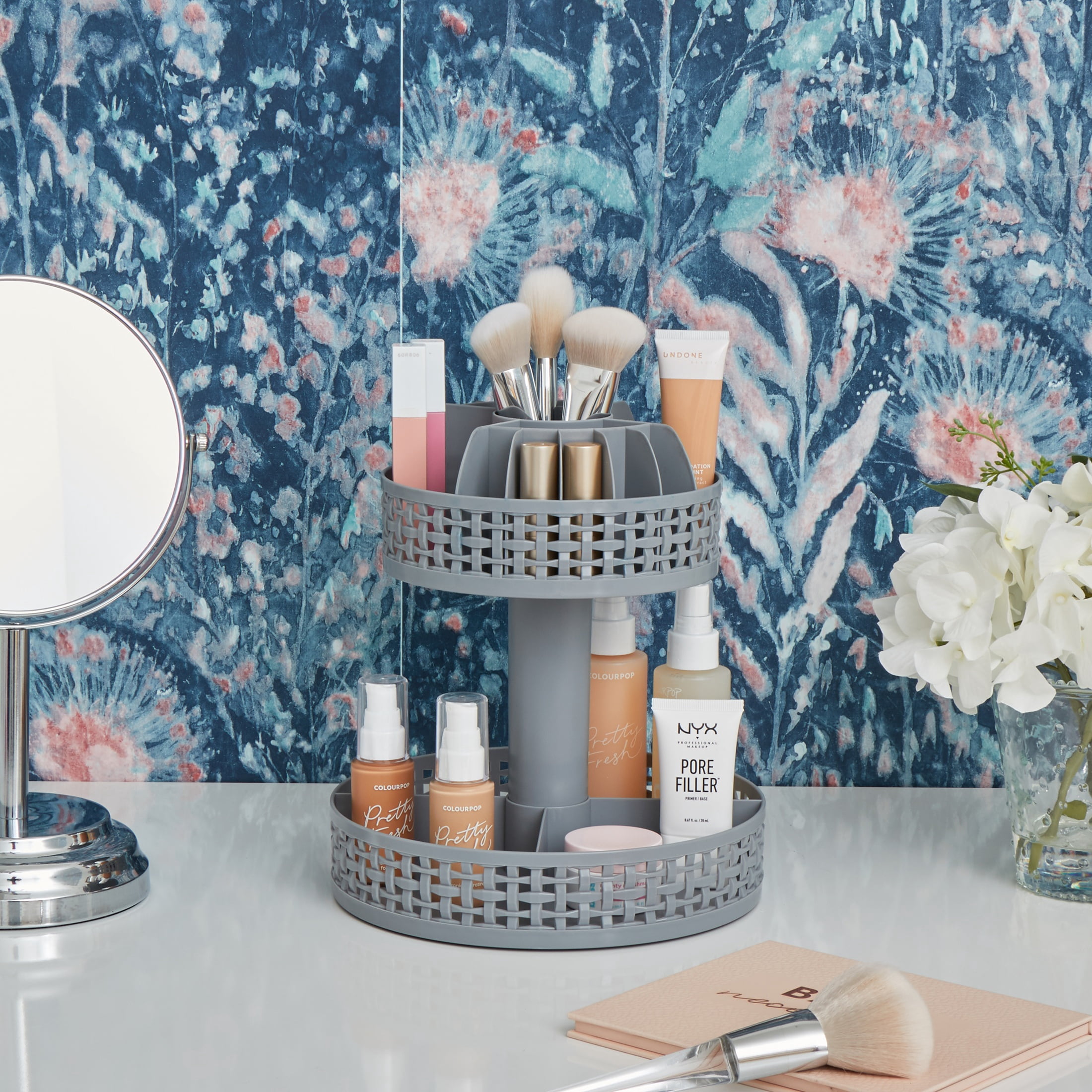 Thinkspace Beauty Brand Freestanding Rotating Beauty Organizer  with 17 Compartments to Hold Different Sized Items. Gray.
