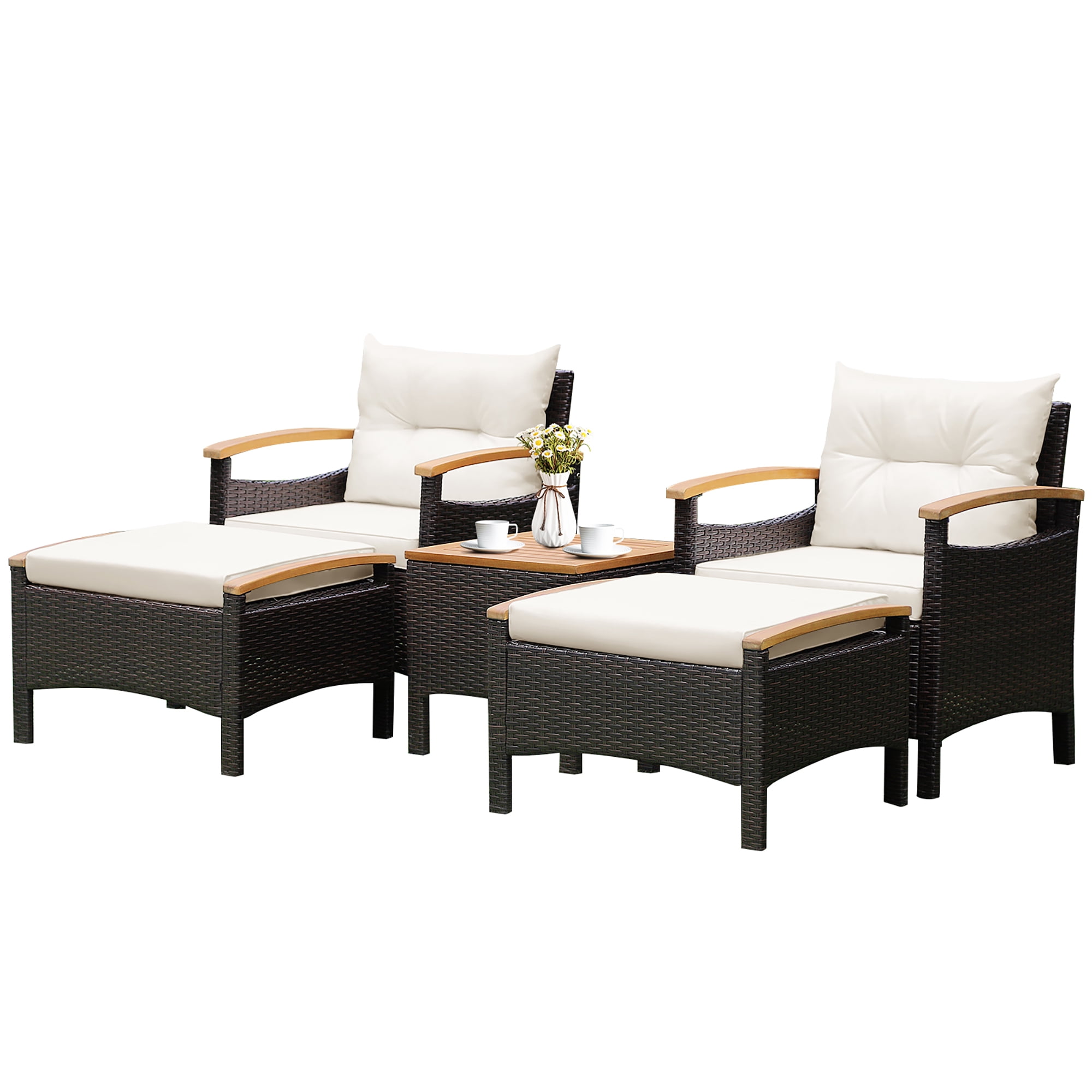 Costway 5PCS Patio Rattan Furniture Set Sofa Ottoman Cushioned Table W/Wood Top