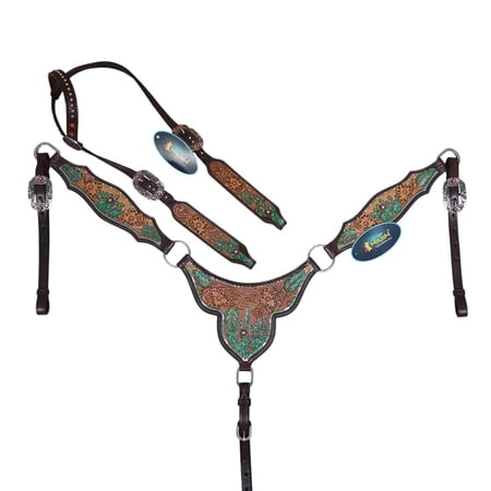 MOUSM Western Leather Headstall and Breast Collar Tack Set with Cactus and Flower Carving Hand Painted with Silver Studs Argentina Cow Leather