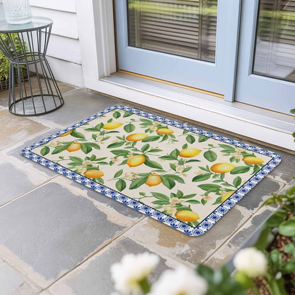 Summer Lemon Door Mat Indoor Outdoor, Green Botanical Watercolor Fruits Blue Non Slip Welcome Mat with Rubber Backing, Absorbent Fabric Front Door Mats Entryway Rug for Home Patio Entrance 18"x30"