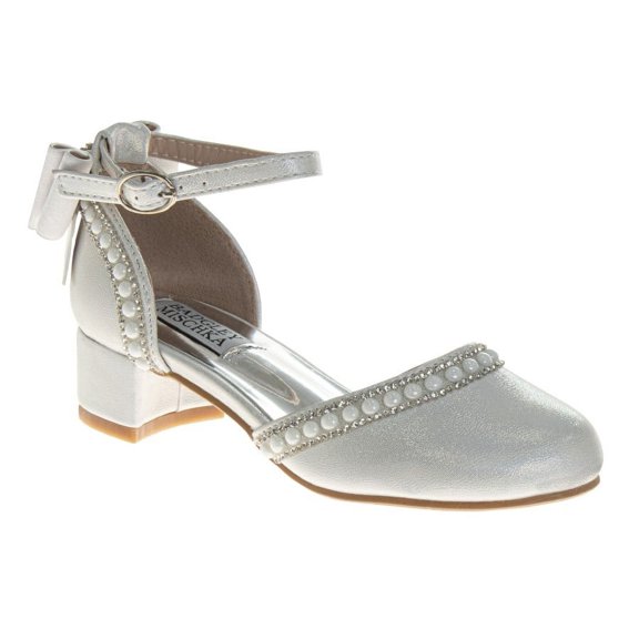 Badgley Mischka Girls Low Heeled Dress Shoes. (Little Kids and Big Kids) White Satin Size 9
