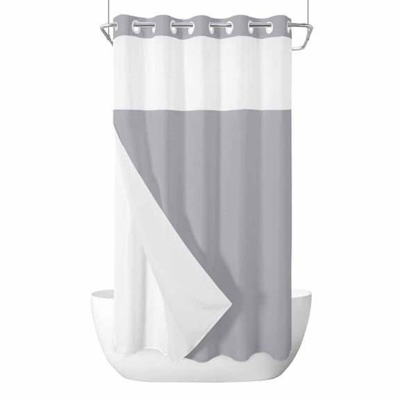 No Hook Shower Curtain, Pure Grey Small Shower Curtains with Snap in Liner, Simple Solid Color Waterproof Washable Fabric Bathroom Curtain Sets, 36"W x 72"L