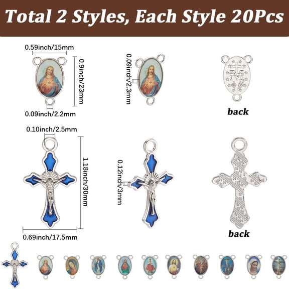 1 Box 40pcs 2 Styles Easter Rosary Charms Silver Crucifix Charm Mixed Color Oval Vintage Tibetan Style Crucifix Cross Center Medal Links Pendants for Jewelry Making Women Supplies Findings