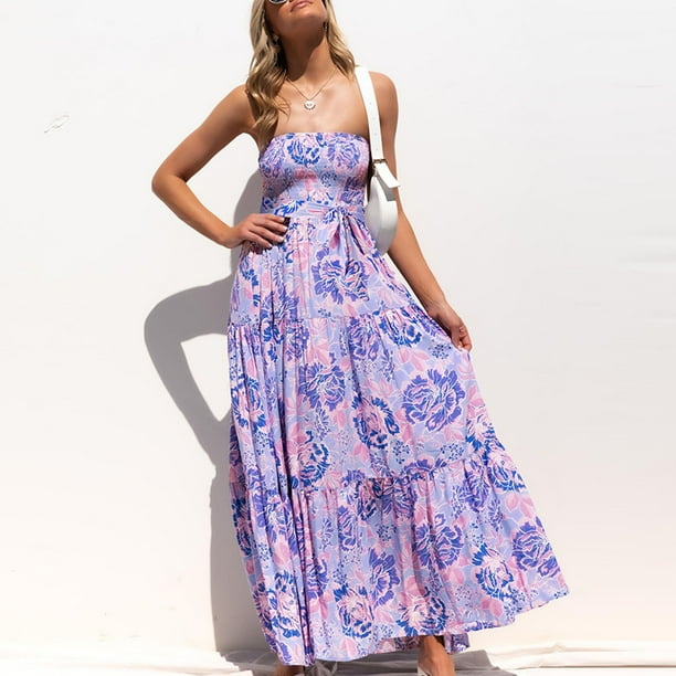 Women Floral Maxi Dress, Belted Strapless Off Shoulder High Waist Floral  Print Maxi Dress Elastic Fiber For Shopping LQ260 Purple XXL 