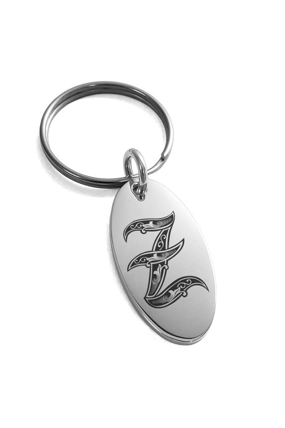 Stainless Steel Letter Z Initial Royal Monogram Engraved Small Oval Charm Keychain Keyring