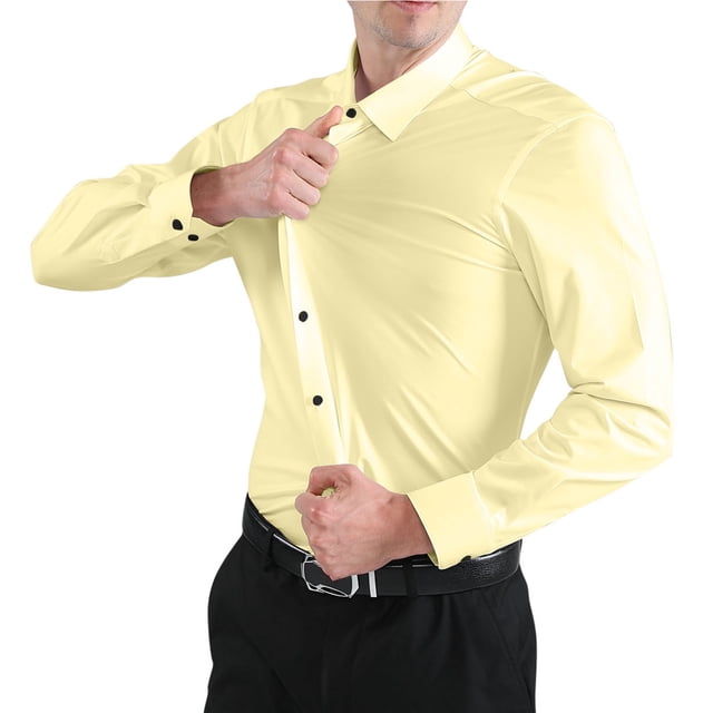 pstuiky camisa de manga larga para hombre, Camisas casuales de moda para hombre con botones y cuello vuelto de tela elástica sólida camisetas de hombre s
