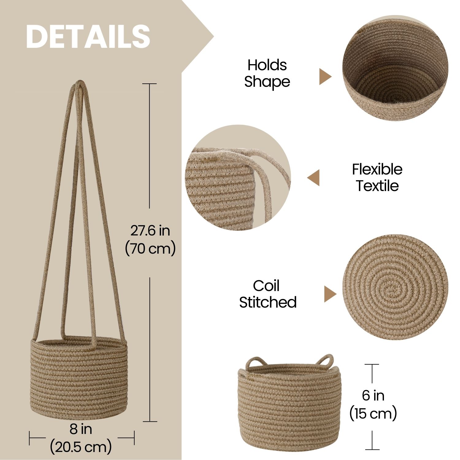 Hanging Plant Basket, Boho Cotton Rope Basket Indoor Hanging Planter, Up to 7" Flower Pot, Macrame Woven Modern Plant Holder, Storage Bin Organizer, Home Decor with 20" Hanging Rope, Brown