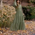 thumbnail image 2 of Vestido Liso Cuello Redondo Manga Larga Pecho Fruncido Retro Suelto Cómodo Vestido Largo Verde XL, 2 of 8