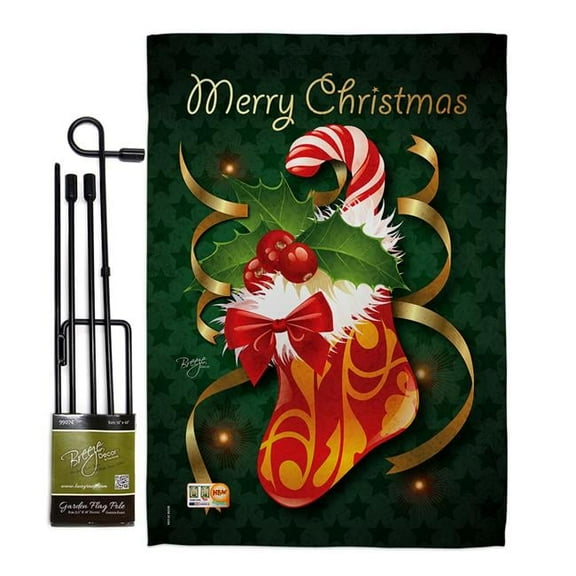 Breeze Decor BD-XM-GS-114086-IP-BO-D-US12-BD 13 x 18.5 in. Xmas Stocking Winter Christmas Impressions Decorative Vertical Double Sided Garden Flag Set with Banner Pole