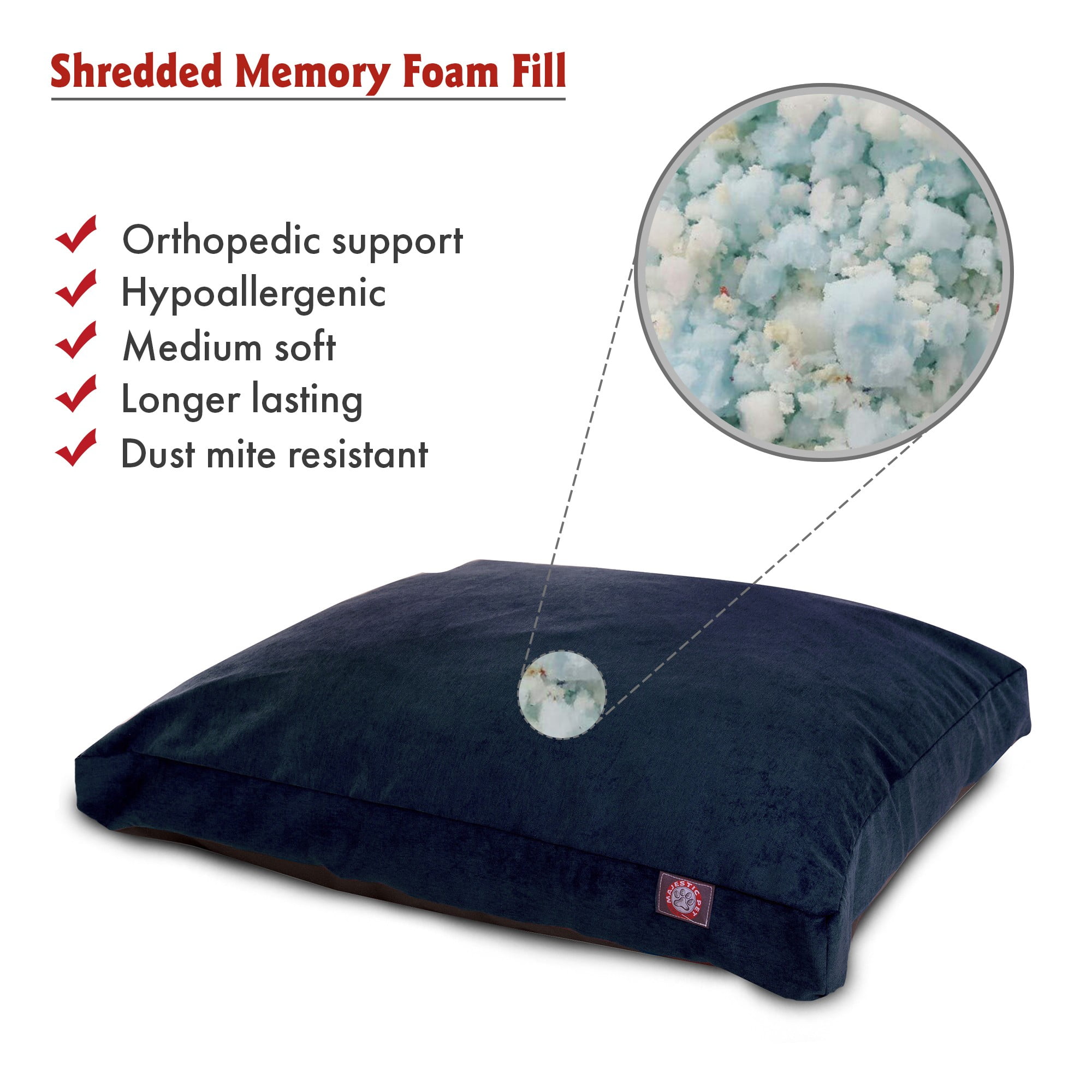 Majestic Pet | Villa Velvet Shredded Memory Foam Rectangle Pet Bed For Dogs, Removable Cover, Navy, Large